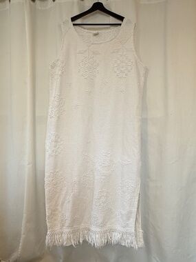 Vintage White Cotton Textured Fringe Hem Shift Dress Women's XXL or 2X